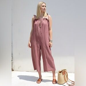 NEW A Bronze Age Ruby 100% Linen Rose Pink Wide Leg Cropped Jumpsuit Size S